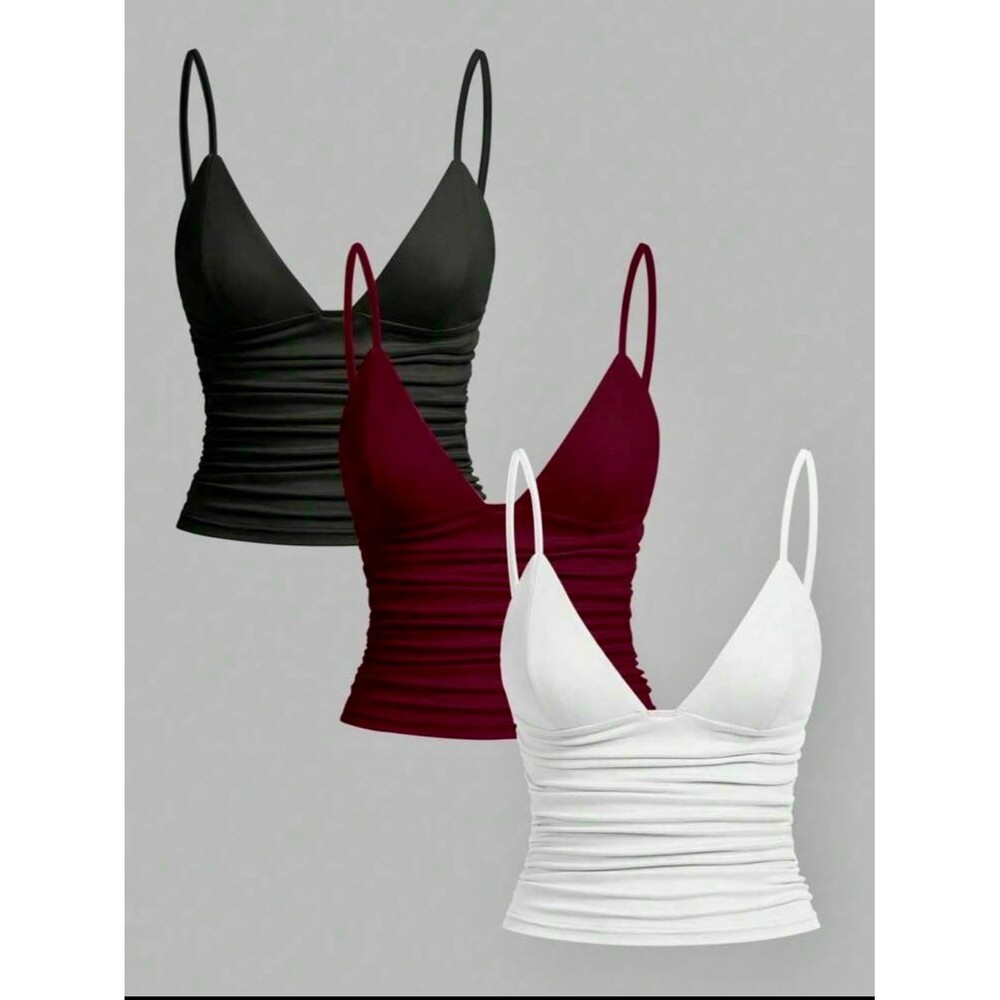 New 3 PACK! White, Black, and Burgundy Ruched V-Neck Top